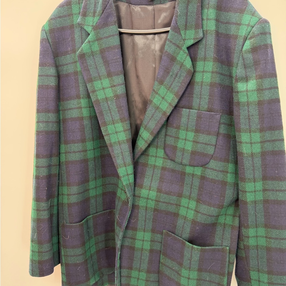 Vintage Green and Blue Plaid Blazer with Black Button